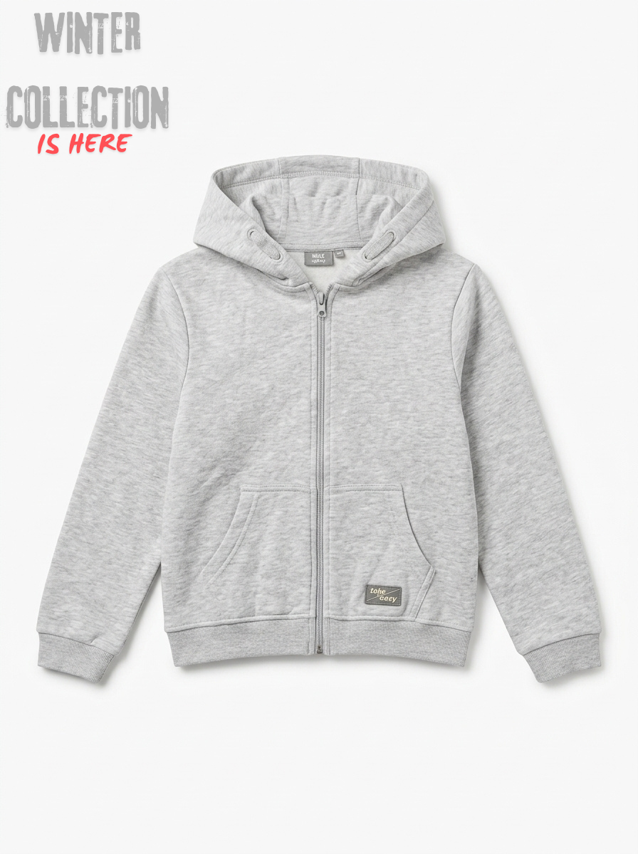 Boys' Full-Zip Heather Grey Fleece Hoodie – Casual Everyday Sweatshirt