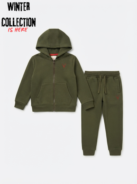 IMPORTED Kids' Olive Green Zip-Up Hoodie & Jogger Tracksuit Set