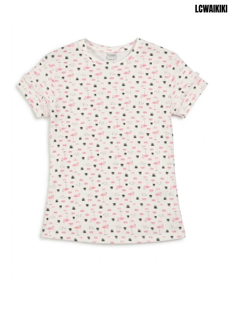 Lc waikikiGirls Off-White Flamingo All-Over Print Ribbed Ruffle Sleeve T-Shirt