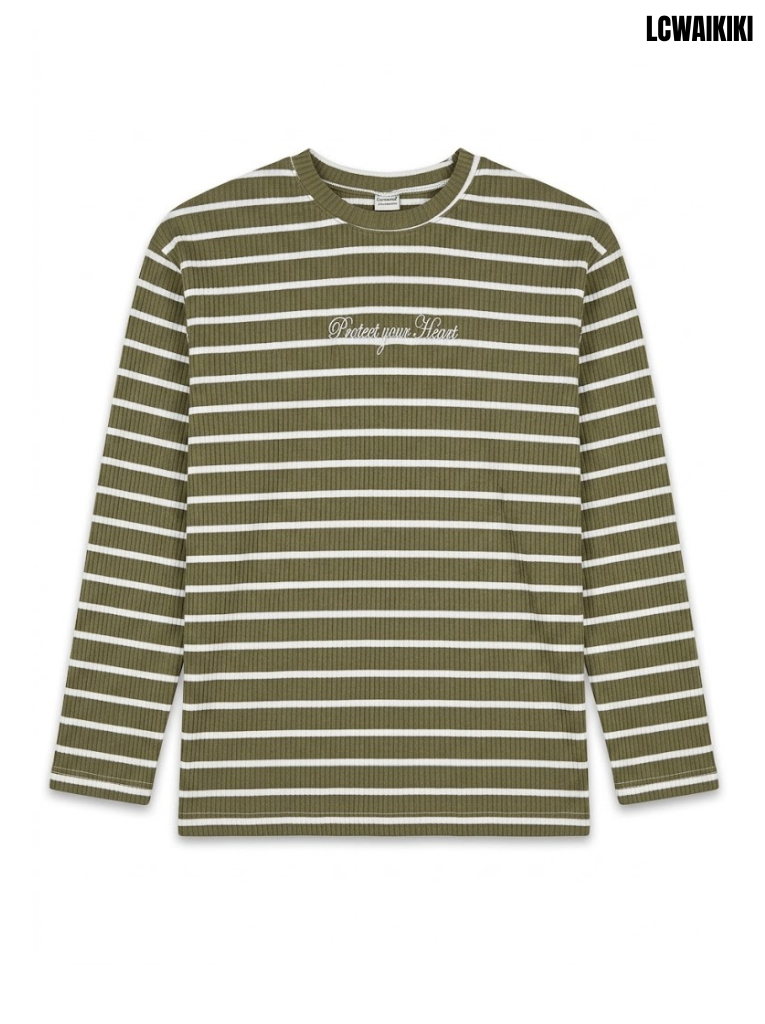 Lcwaikiki Girls Olive Green Striped Protect Your Heart Long-Sleeve Ribbed T-Shirt