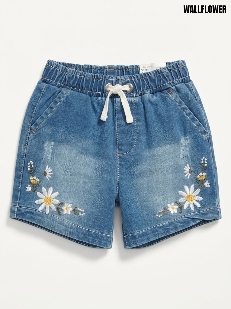 Wallflower Girls Daisy Embroidered Mid-Wash Denim Elastic Drawstring Shorts