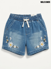 Wallflower Girls Daisy Embroidered Mid-Wash Denim Elastic Drawstring Shorts
