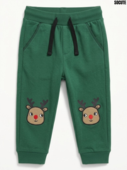 So cute Boys Forest Green Reindeer Knee Patch Drawstring Fleece Jogger Pants