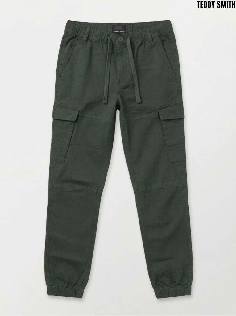 Teddy Smith Boys' Charcoal Green Stretch Twill Multi-Pocket Cargo Jogger Trousers