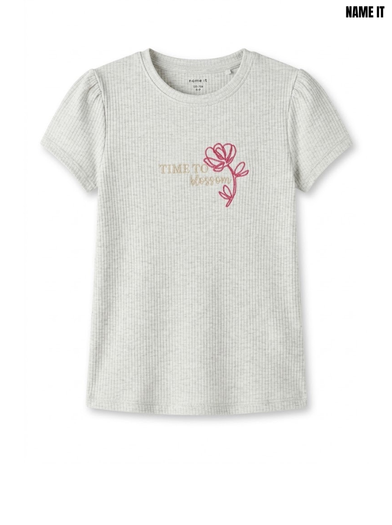 Name It Branded Girls Light Grey Ribbed TIME TO BLOSSOM Floral Graphic T-Shirt