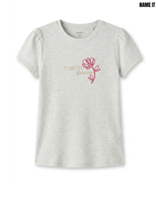 Name It Branded Girls Light Grey Ribbed TIME TO BLOSSOM Floral Graphic T-Shirt