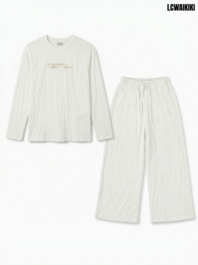 Lcwaikiki Girls Off-White Let Your Dreams Come True Ribbed 2-Piece Lounge Set