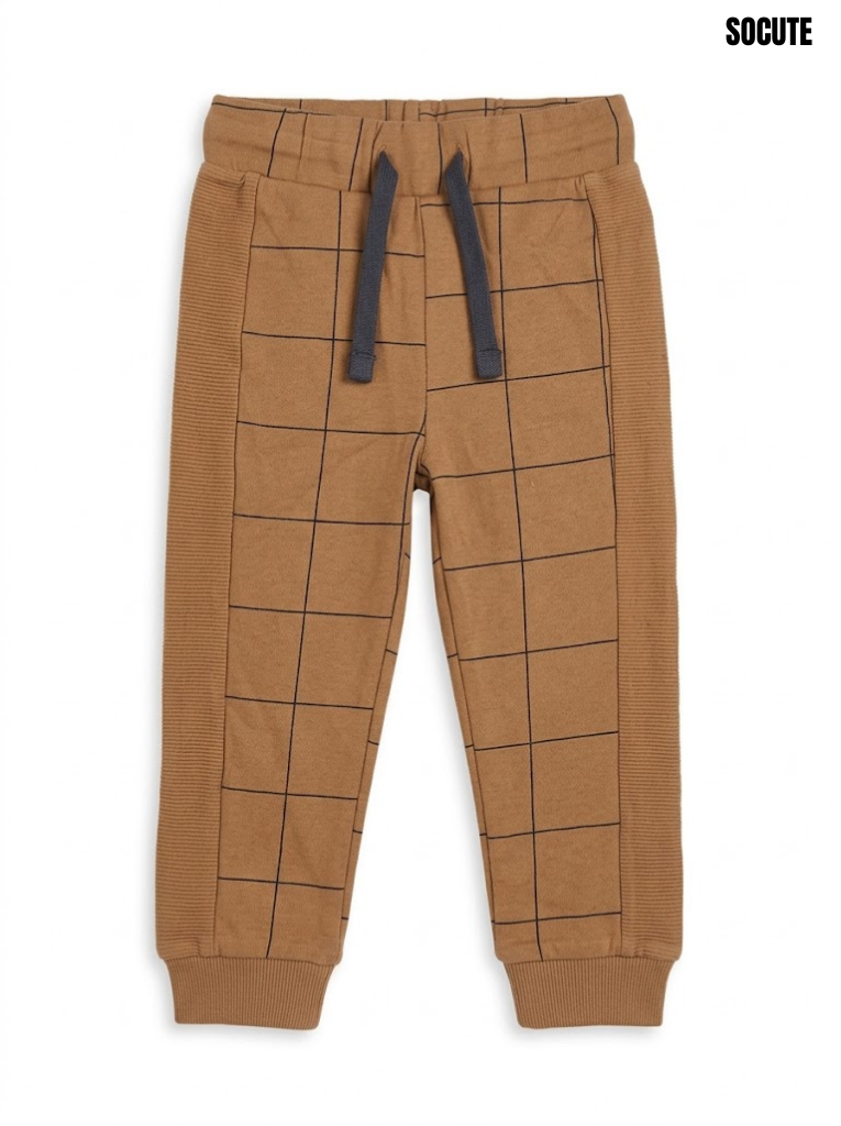 So cute Boys' Camel Brown Grid Print Drawstring Jogger Pants