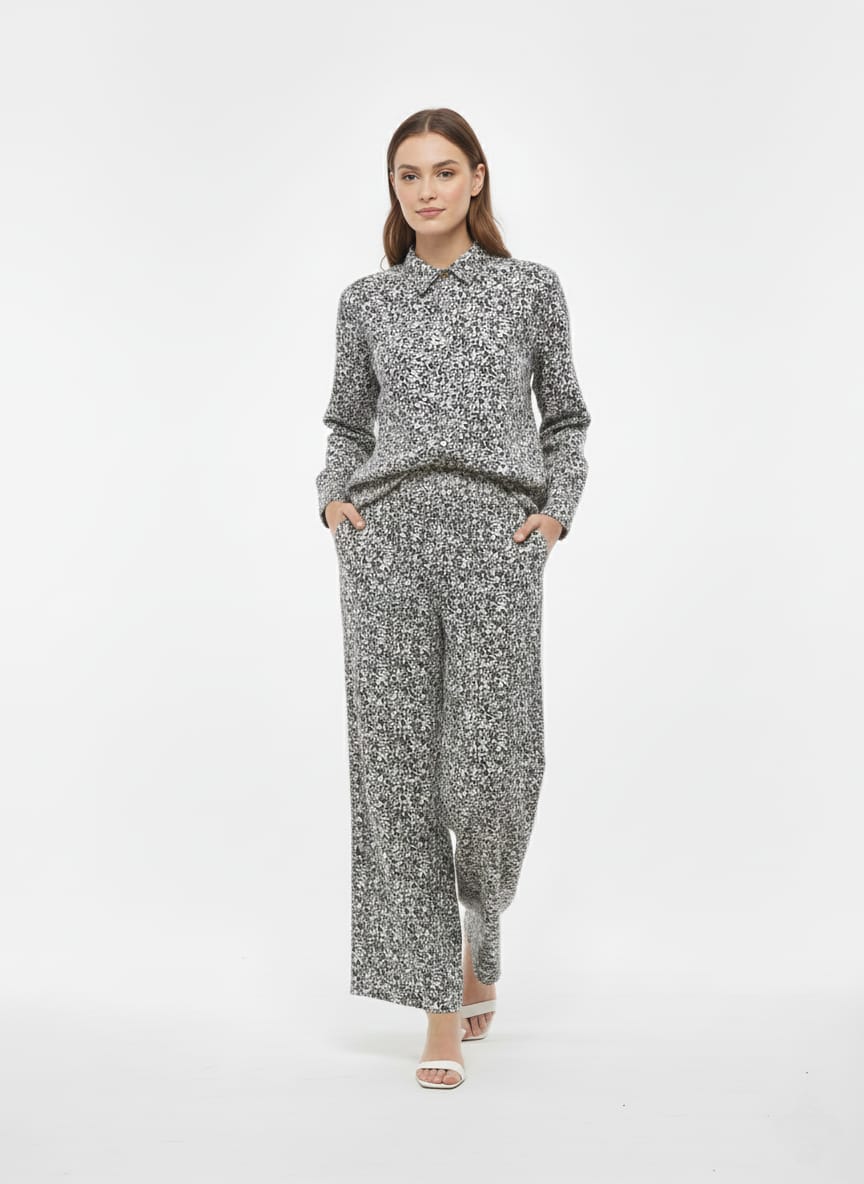 Black and White Printed Tunic Top and Wide-Leg Pants Co-ord Set