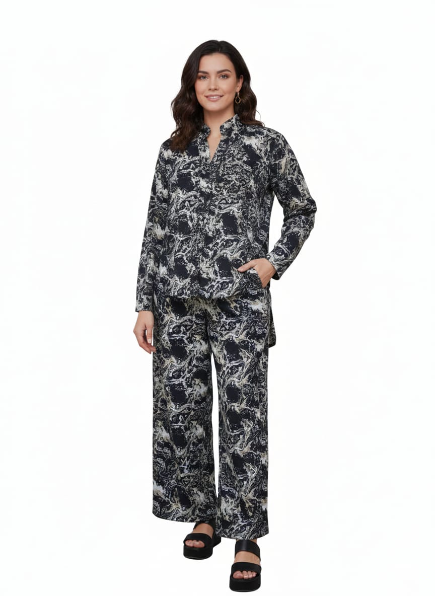 Black and White Printed Tunic Top and Wide-Leg Pants Co-ord Set