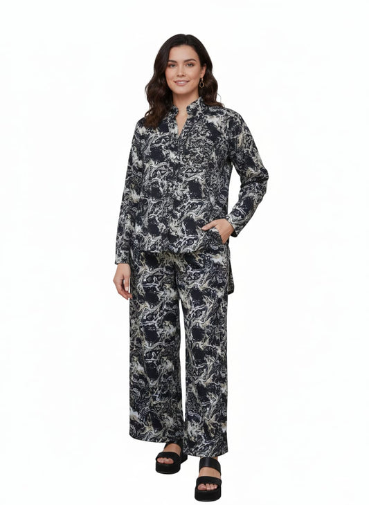 Black and White Printed Tunic Top and Wide-Leg Pants Co-ord Set