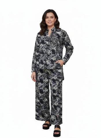 Black and White Printed Tunic Top and Wide-Leg Pants Co-ord Set