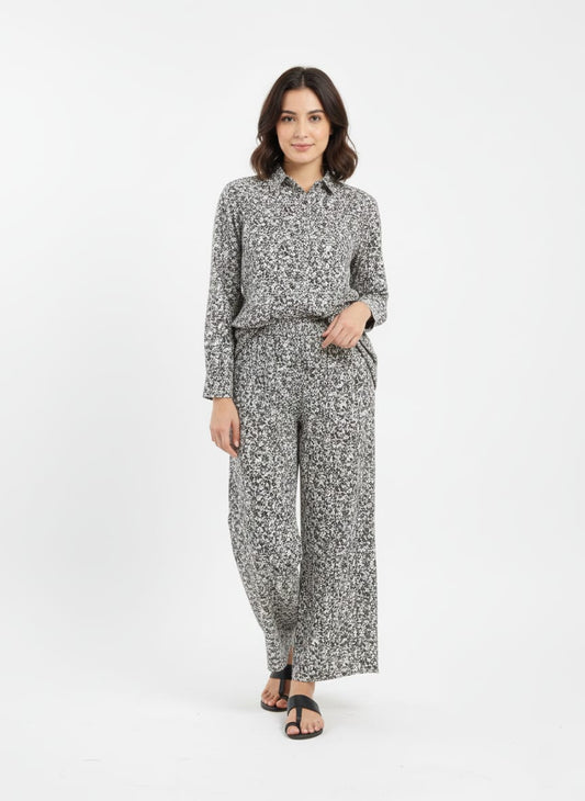 Black and White Printed Tunic Top and Wide-Leg Pants Co-ord Set