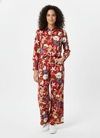 Womens Floral Printed Top and Wide-Leg Pants Co-ord Set