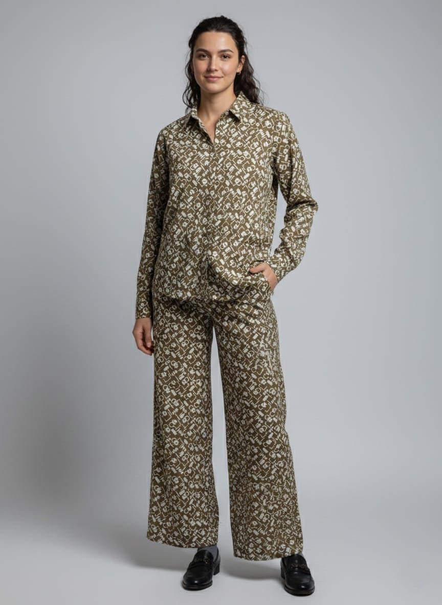 Womens Printed Top and Wide-Leg Pants Co-ord Set