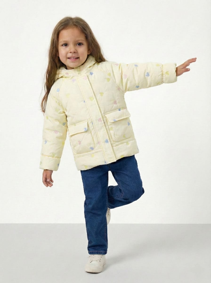 XGZZX GIRLS PRINTED DOUBLE POCKET PUFFER JACKET