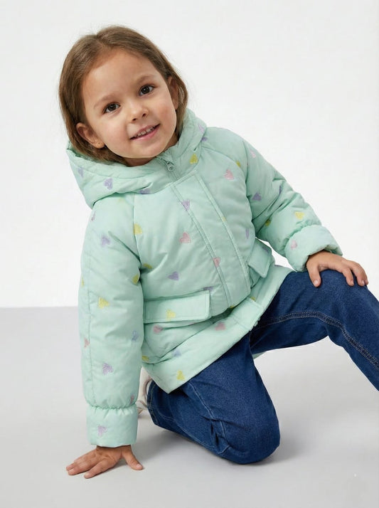 XGZZX GIRLS PRINTED DOUBLE POCKET PUFFER JACKET
