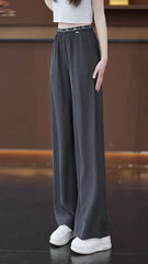 Womens Elastic Waist Wide Leg Grey Versatile Trouser