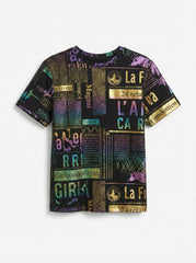 M&S Girls Iridescent Newspaper Print Crewneck T Shirt