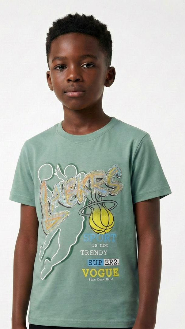 LCW Boys Green Graphic Print Cotton T Shirt