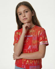 M&S Girls Gold Foil Print Graphic Red Crew Neck T Shirt