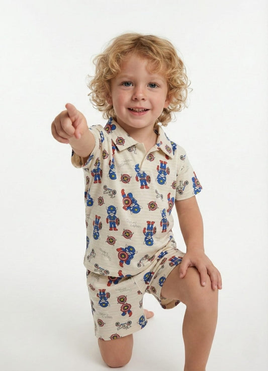 RESERVED Boys Superhero Print Polo & Shorts Set