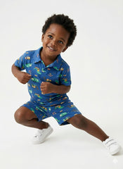 RESERVED Boys Dino & Vehicle Print Polo & Shorts Set