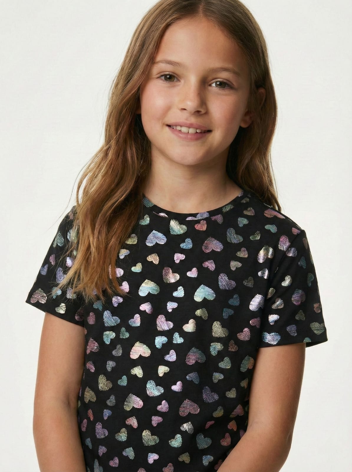 M&S Girls Shimmer Heart Print Short Sleeve T Shirt