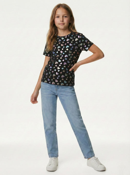M&S Girls Shimmer Heart Print Short Sleeve T Shirt