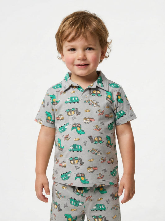 RESERVED Boys Dinosaur & Vehicle Print Short Sleeve Polo & Shorts Set