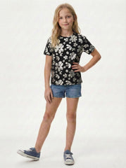 M&S Girls Silver Floral Print Short Sleeve Black T Shirt