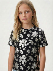 M&S Girls Silver Floral Print Short Sleeve Black T Shirt