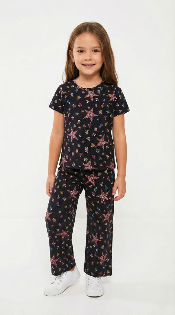 LCW Girls Star Printed Black Two Piece Set