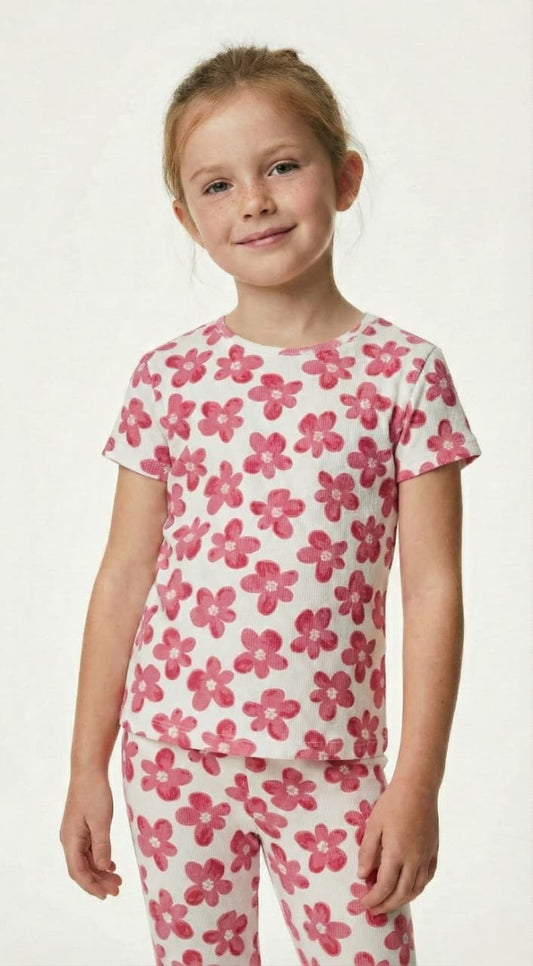 OKAIDI Girls Pink Floral Print Two Piece Set