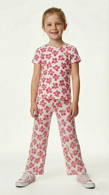 OKAIDI Girls Pink Floral Print Two Piece Set