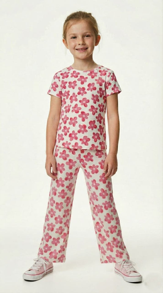 OKAIDI Girls Pink Floral Print Two Piece Set