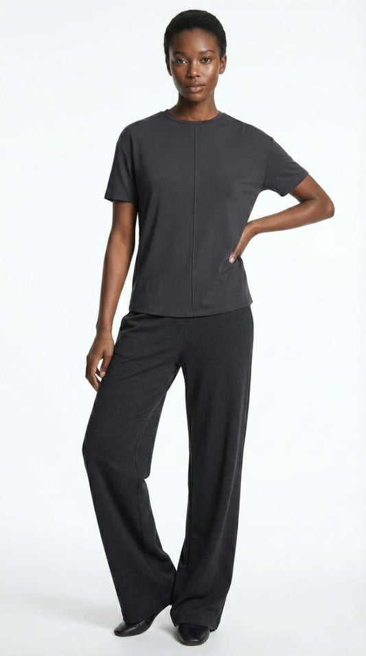 OYSHO Womens Essential Seam Detail Short Sleeve Black T Shirt