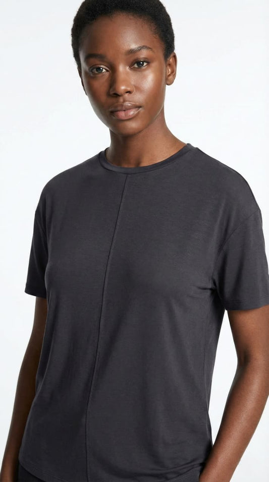 OYSHO Womens Essential Seam Detail Short Sleeve Black T Shirt
