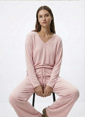 OYSHO Womens Luxe Comfort V-Neck Loungewear Soft Pink Set