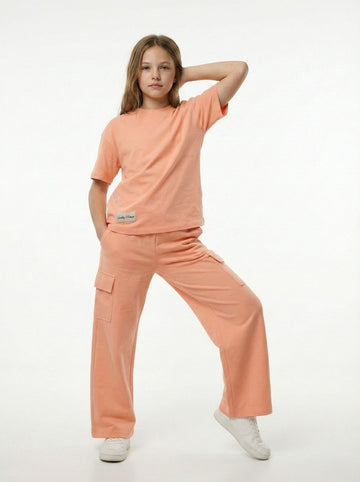 M&S Girls Everyday Essential Peach T Shirt & Cargo Set