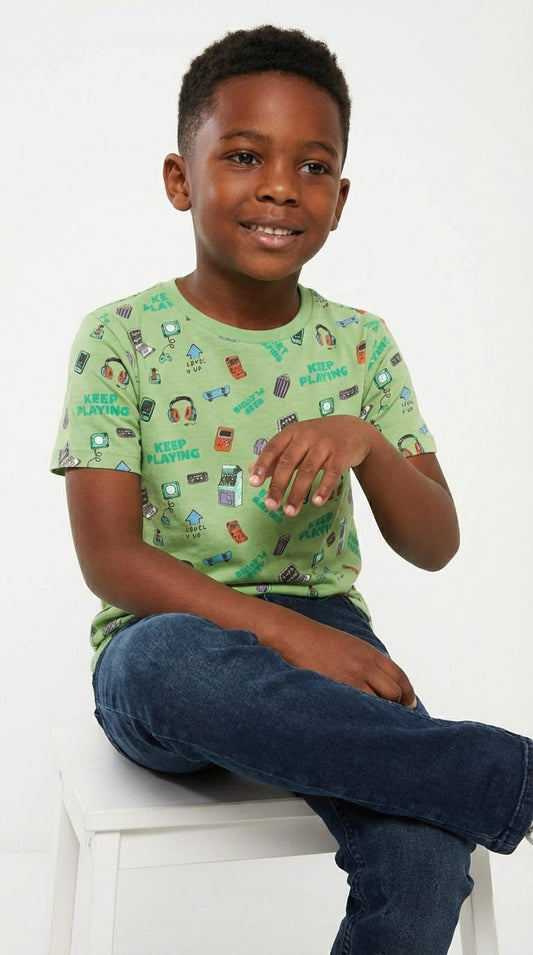 LCW Boys Green Graphic Printed Cotton T-Shirt