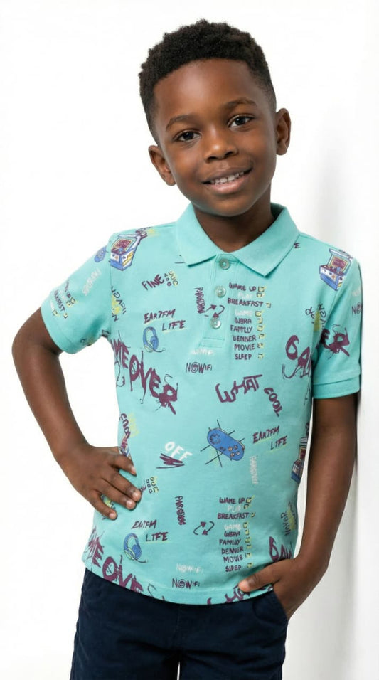 OKAIDI Boys Graphic Print Short Sleeve Polo
