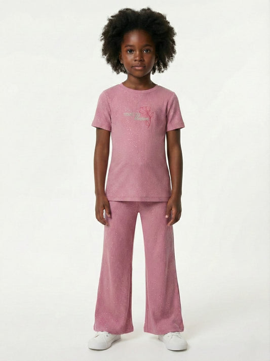 OKAIDI Girls Ribbed Knit Sparkle Rose Pink Two Piece Set
