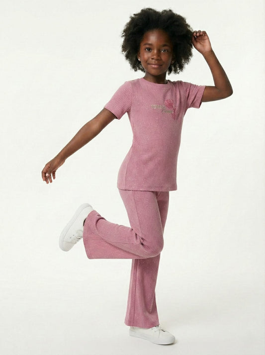 OKAIDI Girls Ribbed Knit Sparkle Rose Pink Two Piece Set