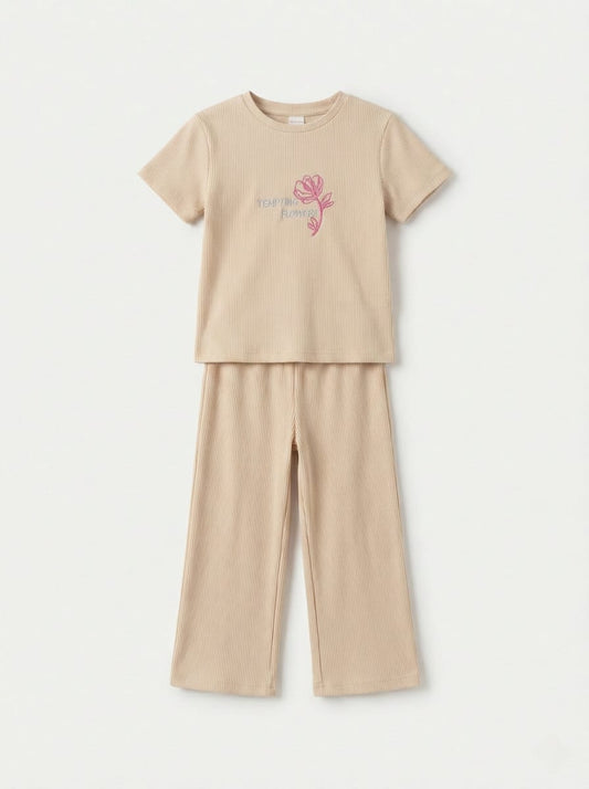 OKAIDI Girls Ribbed Knit Cream Blossom Two Piece Set