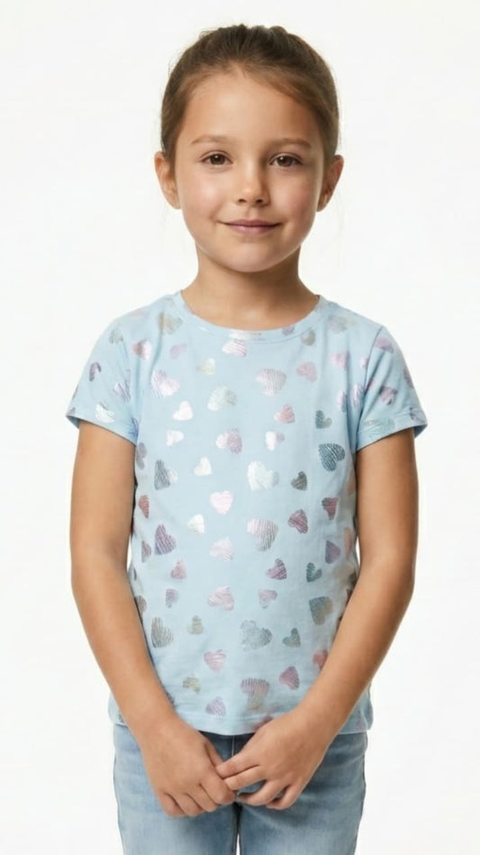 M&S Girls Shimmer Heart Print Short Sleeve T Shirt