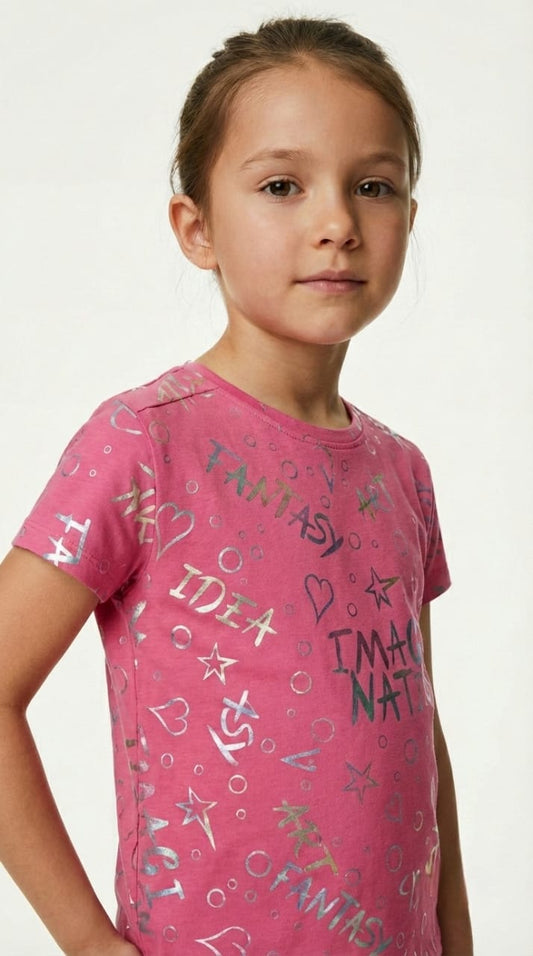 M&S Girls Pink Fantasy & Imagination Sparkle Graphic T Shirt