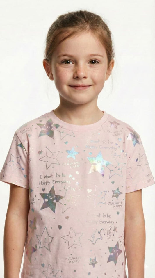 M&S Girls Happy Everyday Holographic Star Print T Shirt