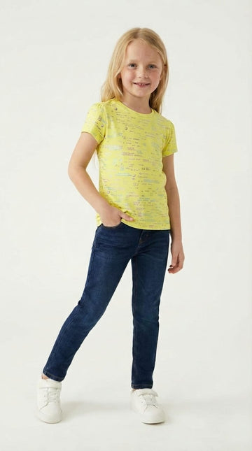 M&S Girls Yellow All Over Text Print T Shirt