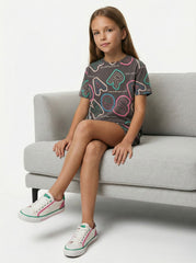 LCW Girls Alphabets Printed Tee With Multi Colours Shadow Detail